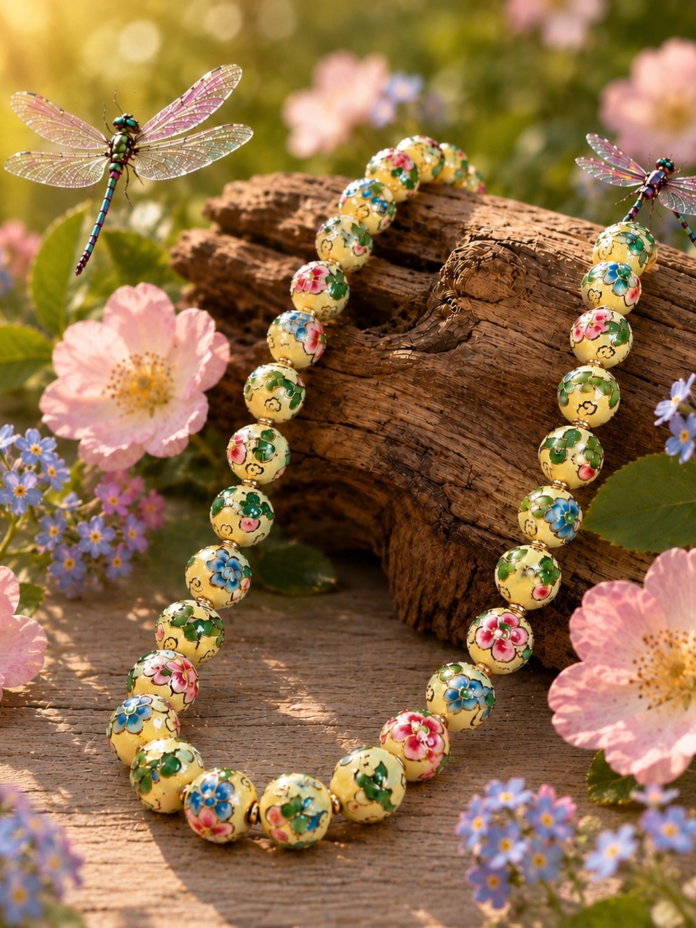 Cloisonné Vintage Yellow Hand-Knotted Floral Necklace